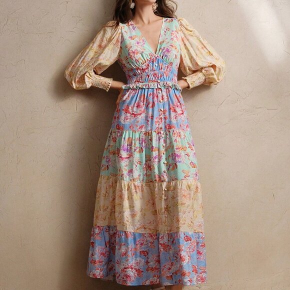 Blue Boho Women's V-Neck Lantern Sleeve A-Line Patchwork Dress - Picture 3 of 7